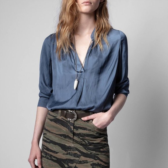 NWT Zadig & Voltaire TINK BLEU DE GRIS SATIN TUNIC SHIRT BLOUSE - Picture 1 of 6